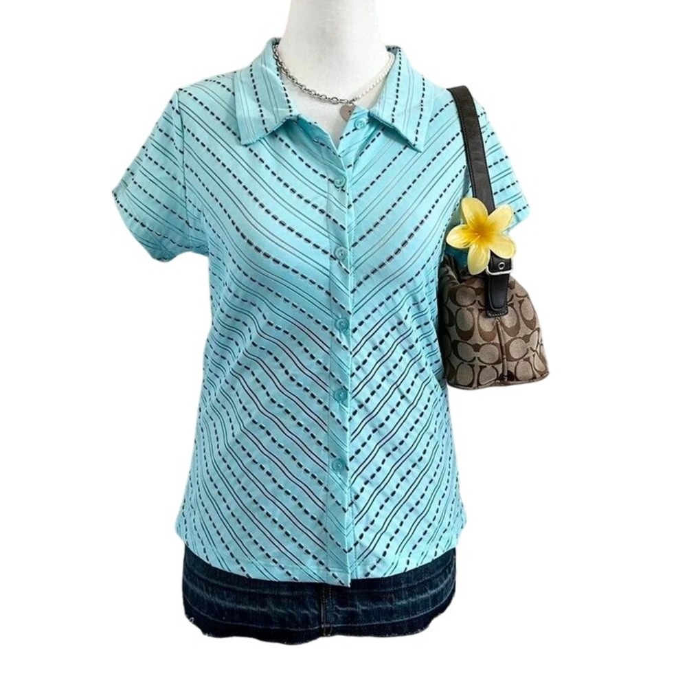 Vintage Light Blue Diagonal Stripe Button Down Polo Shirt‎ Short Sleeve Top